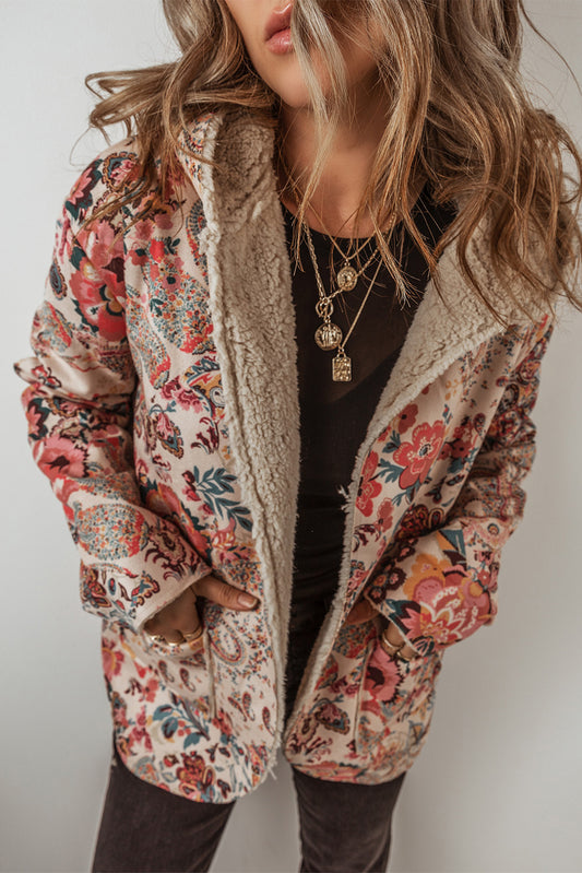 Vintage Beige Paisley Floral Sherpa-Lined Hooded Jacket